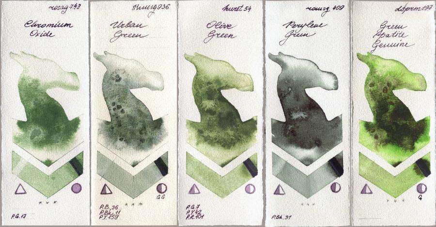 Rosa Gallery 743 Chromium Oxide vs Shminke Horadam Aquarell 936 Urban Green vs Kuretake Gansai Tambi 54 Olive Green vs Roman Szmal Aquarius 409 Perylene Green vs Daniel Smith 197 Green Apatite Genuine watercolor swatch