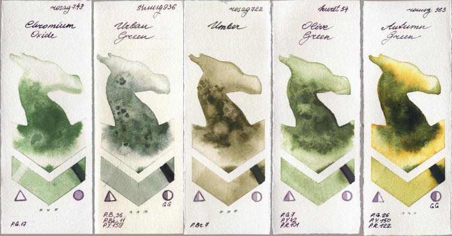 Rosa Gallery 743 Chromium Oxide vs Shminke Horadam Aquarell 936 Urban Green vs 722 Umber vs Kuretake Gansai Tambi 54 Olive Green vs Roman Szmal Aquarius 363 Autumn Green watercolor swatch