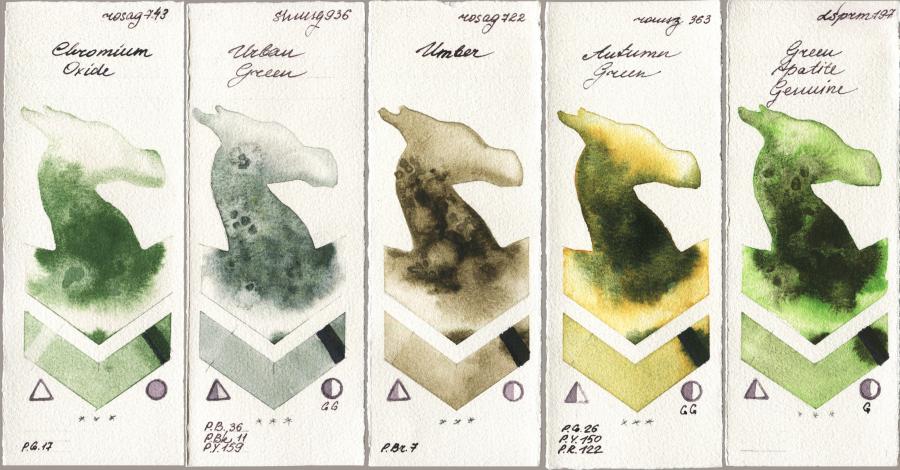 Rosa Gallery 743 Chromium Oxide vs Shminke Horadam Aquarell 936 Urban Green vs 722 Umber vs Roman Szmal Aquarius 363 Autumn Green vs Daniel Smith 197 Green Apatite Genuine watercolor swatch