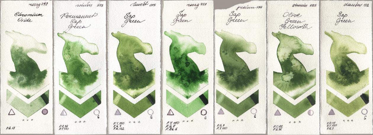 Rosa Gallery 743 Chromium Oxide, Winsor & Newton Professional 503 Permanent Sap Green, Holbein Artists Watercolor 075 Sap Green, 728 Sap Green, M. Graham & Co. Artists 174 Sap Green, Shminke Horadam Aquarell 525 Olive Green Yellowish, Daniel Smith 102 Sap Gre watercolor swatch