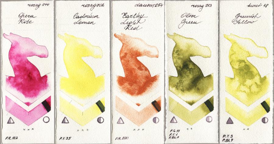 Rosa Gallery 744 Opera Rose vs 702 Cadmium Lemon vs Daniel Smith 254 Earthy Light Red vs 713 Olive Green vs Kuretake Gansai Tambi 048 Greenish Yellow watercolor swatch