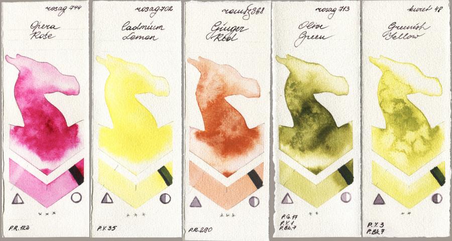 Rosa Gallery 744 Opera Rose vs 702 Cadmium Lemon vs Roman Szmal Aquarius 368 Genger Red vs 713 Olive Green vs Kuretake Gansai Tambi 048 Greenish Yellow watercolor swatch