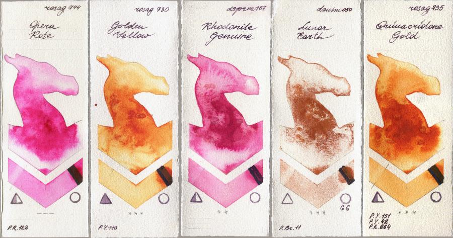 Rosa Gallery 744 Opera Rose vs 730 Golden Yellow vs Daniel Smith 167 Rhodonite Genuine vs 050 Lunar Earth vs 735 Quinacridone Gold watercolor swatch