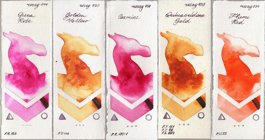 Rosa Gallery 744 Opera Rose vs 730 Golden Yellow vs 708 Carmine vs 735 Quinacridone Gold vs 734 Flame Red watercolor swatch