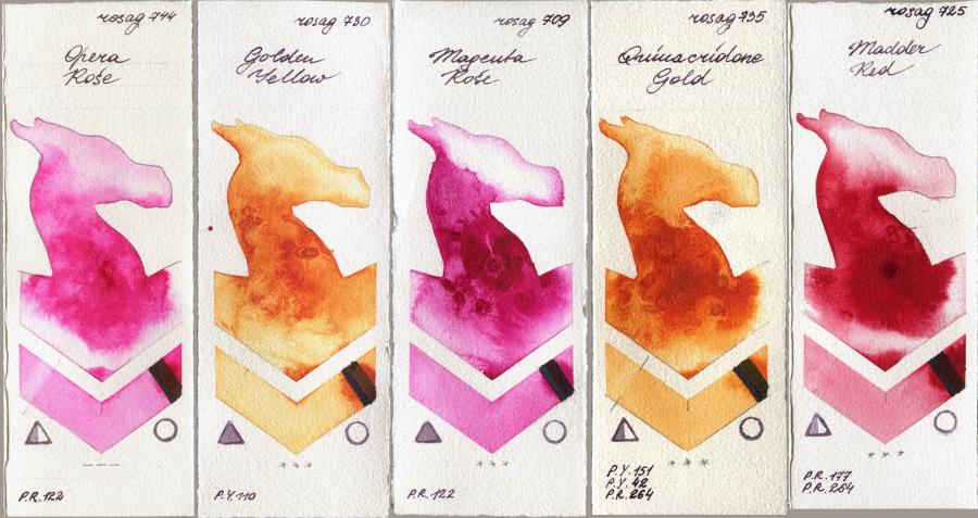 Rosa Gallery 744 Opera Rose vs 730 Golden Yellow vs 709 Magenta Rose vs 735 Quinacridone Gold vs 725 Madder Red watercolor swatch