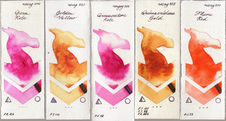 Rosa Gallery 744 Opera Rose vs 730 Golden Yellow vs Royal Talens Van Gogh Watercolour 366 Quinacridone Rose vs 735 Quinacridone Gold vs 734 Flame Red watercolor swatch