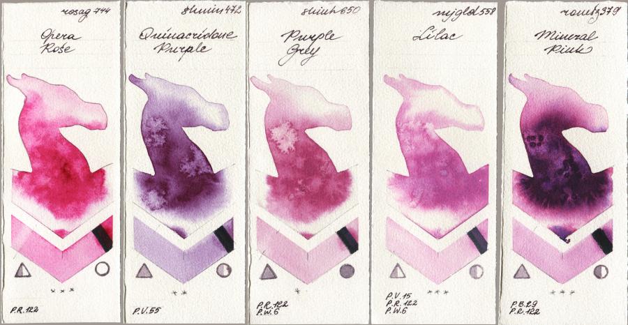 Rosa Gallery 744 Opera Rose vs Shminke Horadam Aquarell 472 Quinacridone Purple vs Shinhan PWC 650 Purple Grey vs Mijello Mission Gold 558 Lilac vs Roman Szmal Aquarius 379 Mineral Pink watercolor swatch