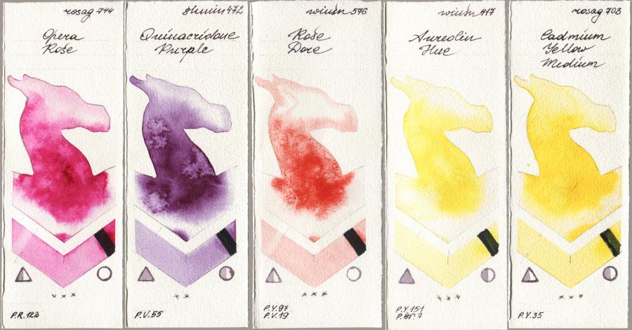 Rosa Gallery 744 Opera Rose vs Shminke Horadam Aquarell 472 Quinacridone Purple vs Winsor & Newton Professional 576 Rose Dore vs 417 Aureolin Hue vs 703 Cadmium Yellow Medium watercolor swatch