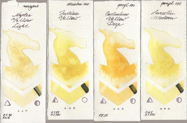 Rosa Gallery 745 Naples Yellow Light, Daniel Smith 045 Indian Yellow, Golden QOR 170 Cadmium Yellow Deep, 135 Aureolin Mode watercolor swatch