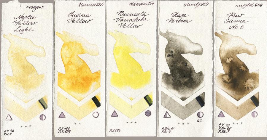 Rosa Gallery 745 Naples Yellow Light vs Shminke Horadam Aquarell 220 Indian Yellow vs Daniel Smith 154 Bismuth Vanadate Yellow vs 969 Haze Brown vs Mijello Mission Gold 606 Raw Sienna No 2 watercolor swatch