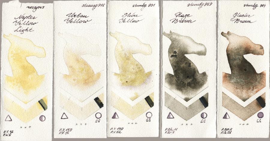 Rosa Gallery 745 Naples Yellow Light vs Shminke Horadam Aquarell 916 Urban Yellow vs 931 Shire Yellow vs 969 Haze Brown vs 964 Glacier Brown watercolor swatch