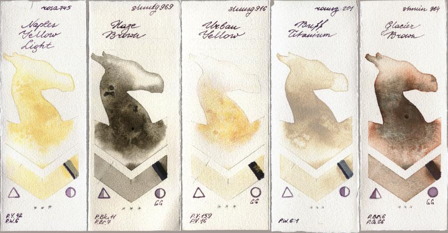 Rosa Gallery 745 Naples Yellow Light vs Shminke Horadam Aquarell 969 Haze Brown vs 916 Urban Yellow vs Roman Szmal Aquarius 201 Buff Titanium vs 964 Glacier Brown watercolor swatch