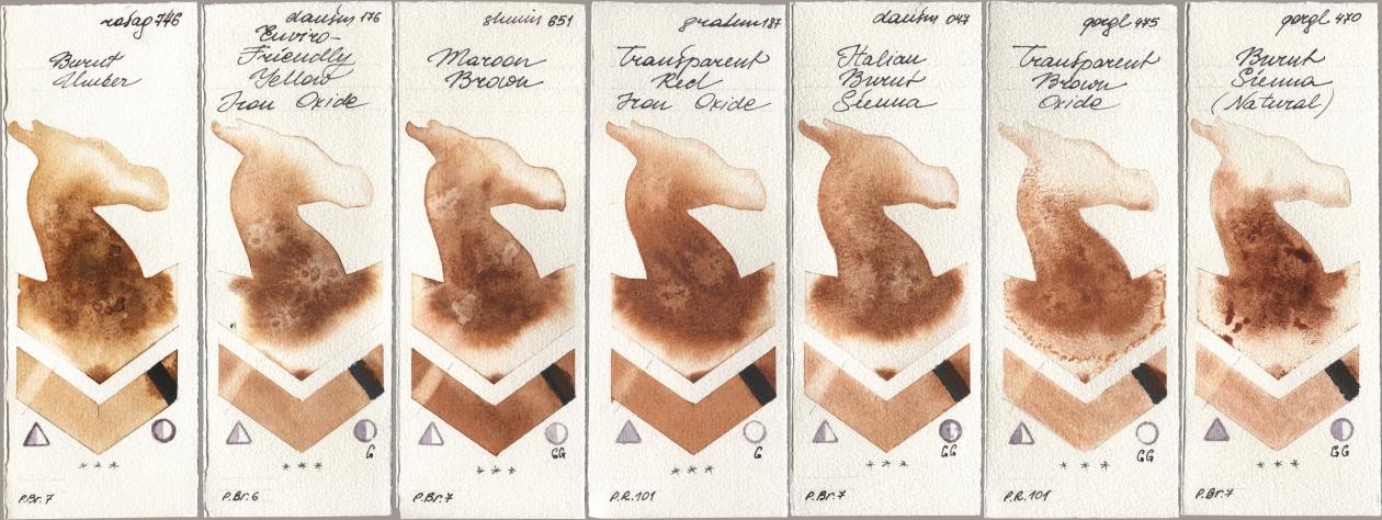 Rosa Gallery 746 Burnt Umber, Daniel Smith 176 Enviro-Friendly Yellow Iron Oxide, Shminke Horadam Aquarell 651 Maroon Brown, M. Graham & Co. Artists 187 Transparent Red Iron Oxide, 047 Italian Burnt Sienna, Golden QOR 475 Transparent Brown Oxide, 470 Burnt Sienna (Natura watercolor swatch