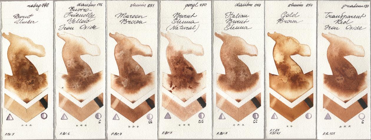 Rosa Gallery 746 Burnt Umber, Daniel Smith 176 Enviro-Friendly Yellow Iron Oxide, Shminke Horadam Aquarell 651 Maroon Brown, Golden QOR 470 Burnt Sienna (Natural), 047 Italian Burnt Sienna, 654 Gold Brown, M. Graham & Co. Artists 187 Transparent Red Iron Oxi watercolor swatch