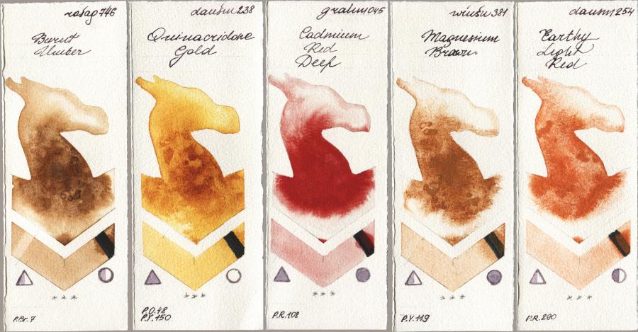 Rosa Gallery 746 Burnt Umber vs Daniel Smith 238 Quinacridone Gold vs M. Graham & Co. Artists 045 Cadmium Red Deep vs Winsor & Newton Professional 381 Magnesuim Brown vs 254 Earthy Light Red watercolor swatch