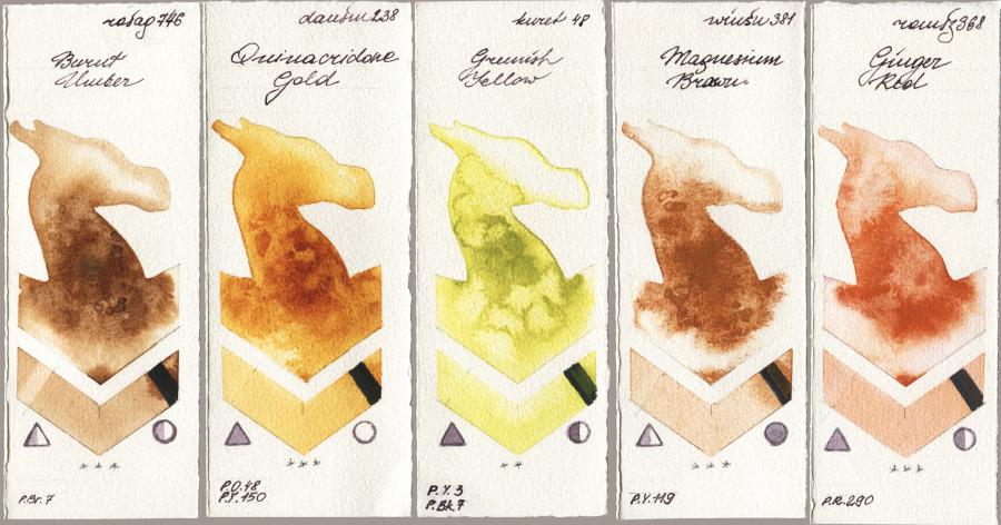 Rosa Gallery 746 Burnt Umber vs Daniel Smith 238 Quinacridone Gold vs Kuretake Gansai Tambi 048 Greenish Yellow vs Winsor & Newton Professional 381 Magnesuim Brown vs Roman Szmal Aquarius 368 Genger Red watercolor swatch