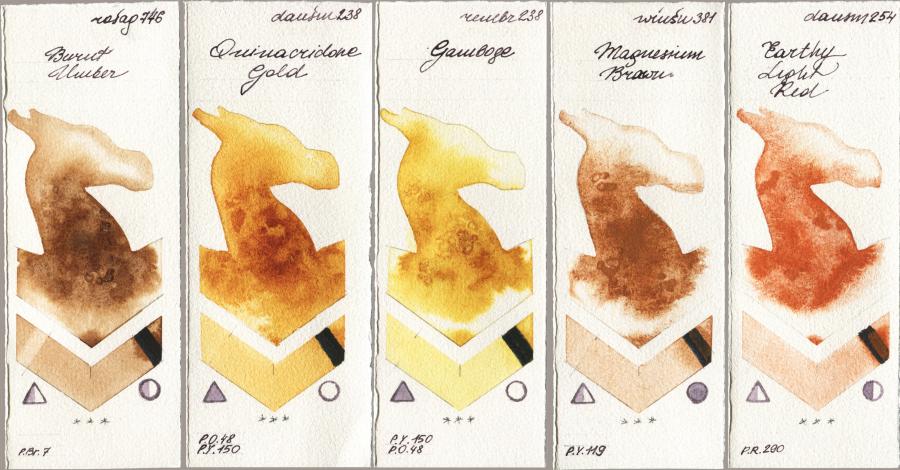 Rosa Gallery 746 Burnt Umber vs Daniel Smith 238 Quinacridone Gold vs Royal Talens Rembrandt Watercolour 238 Gamboge vs Winsor & Newton Professional 381 Magnesuim Brown vs 254 Earthy Light Red watercolor swatch