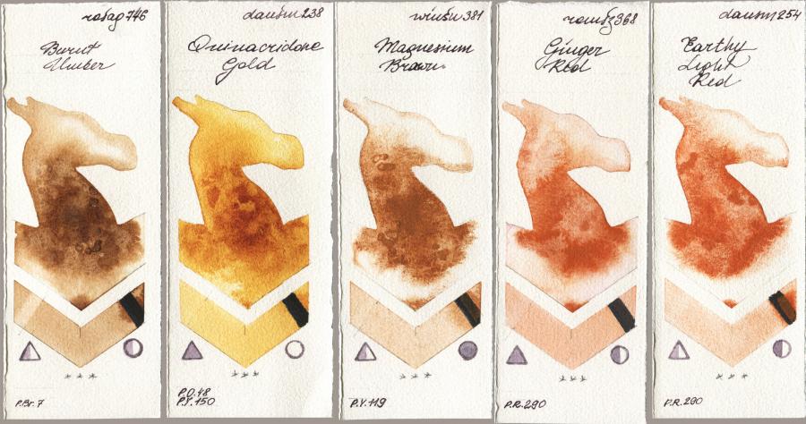 Rosa Gallery 746 Burnt Umber vs Daniel Smith 238 Quinacridone Gold vs Winsor & Newton Professional 381 Magnesuim Brown vs Roman Szmal Aquarius 368 Genger Red vs 254 Earthy Light Red watercolor swatch