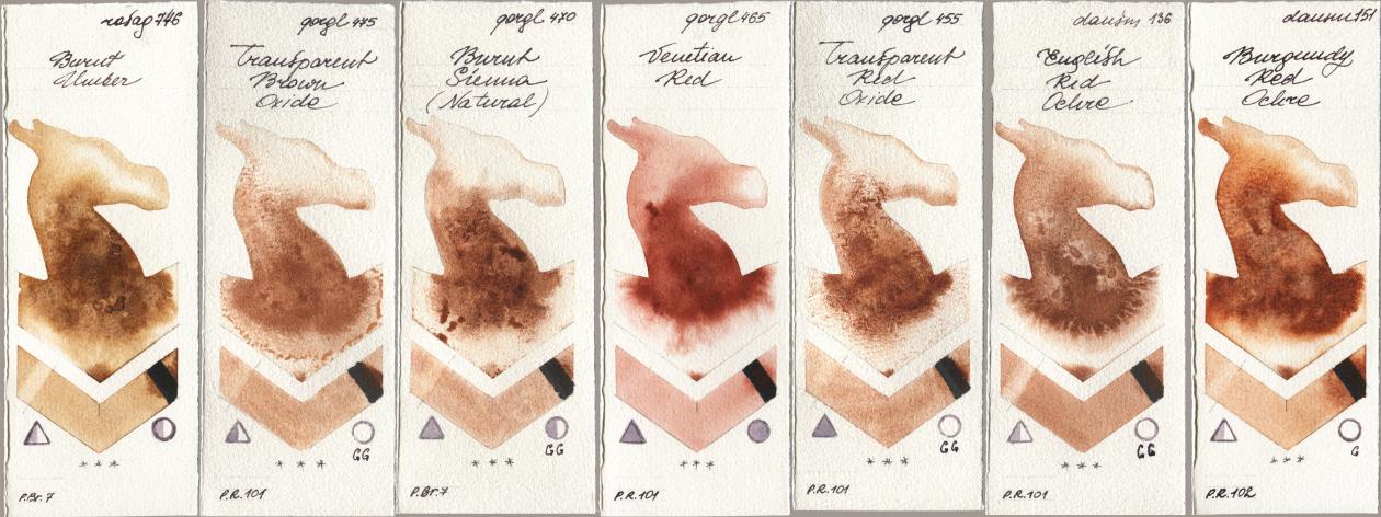 Rosa Gallery 746 Burnt Umber, Golden QOR 475 Transparent Brown Oxide, 470 Burnt Sienna (Natural), 465 Venetian Red, 455 Transparent Red Oxide, Daniel Smith 136 English Red Ochre, 151 Burgundy Red Och watercolor swatch