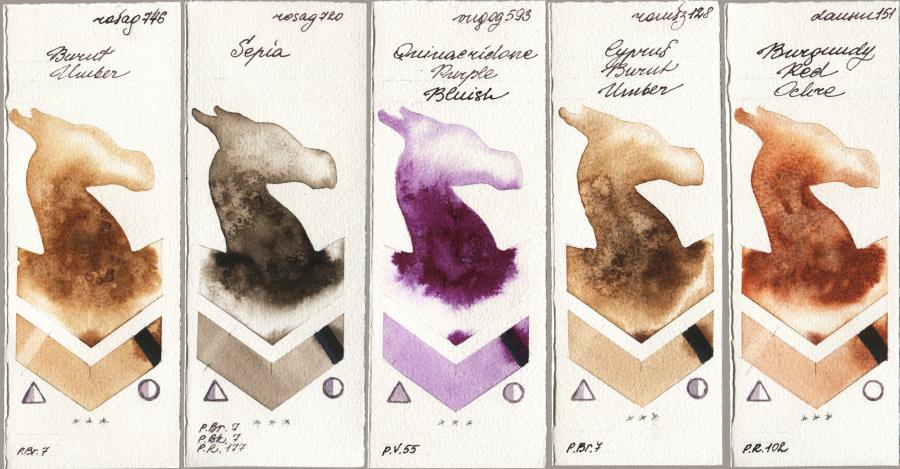 Rosa Gallery 746 Burnt Umber vs 720 Sepia vs Royal Talens Van Gogh Watercolour 593 Quinacridone Purple Bluish vs Roman Szmal Aquarius 128 Cyprus Burnt Umber vs Daniel Smith 151 Burgundy Red Ochre watercolor swatch