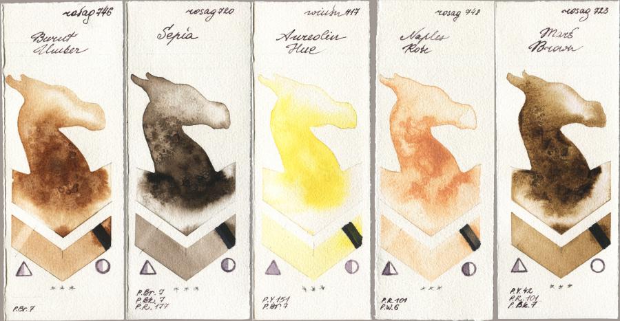 Rosa Gallery 746 Burnt Umber vs 720 Sepia vs Winsor & Newton Professional 417 Aureolin Hue vs 748 Naples Rose vs 723 Mars Brown watercolor swatch