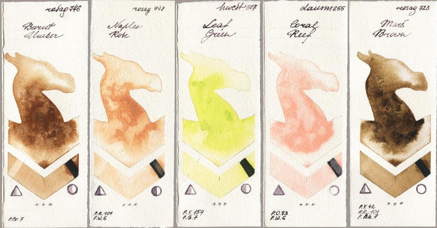 Rosa Gallery 746 Burnt Umber vs 748 Naples Rose vs Holbein Artists Watercolor 077 Leaf Green vs Daniel Smith 255 Coral Reef vs 723 Mars Brown watercolor swatch