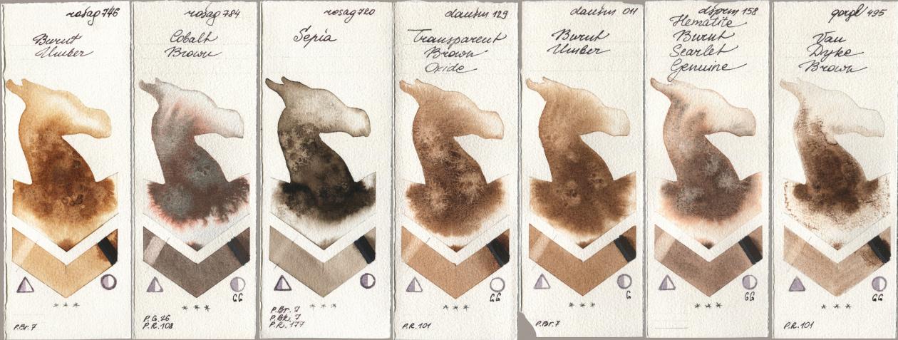 Rosa Gallery 746 Burnt Umber, 784 Cobalt Brown, 720 Sepia, Daniel Smith 129 Transparent Brown Oxide, 011 Burnt Umber, 158 Hematite Burnt Scarlet Genuine, Golden QOR 495 Van Dyke Bro watercolor swatch