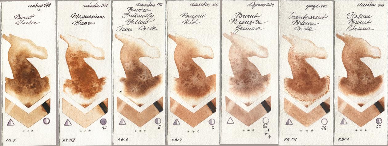 Rosa Gallery 746 Burnt Umber, Winsor & Newton Professional 381 Magnesuim Brown, Daniel Smith 176 Enviro-Friendly Yellow Iron Oxide, 116 Pompeii Red, 204 Burnt Bronzite Genuine, Golden QOR 475 Transparent Brown Oxide, 047 Italian Burnt Sien watercolor swatch