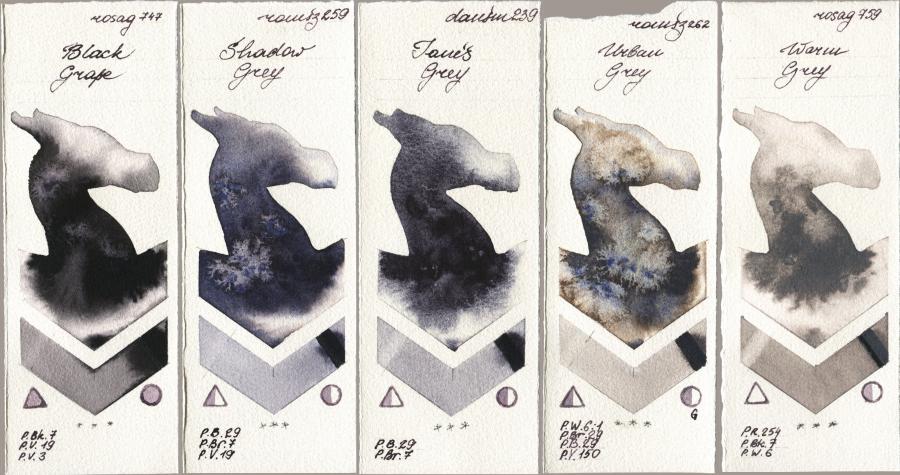 Rosa Gallery 747 Black Grape vs Roman Szmal Aquarius 259 Shadow Grey vs Daniel Smith 239 Janes Grey vs 262 Urban Grey vs 759 Warm Grey watercolor swatch