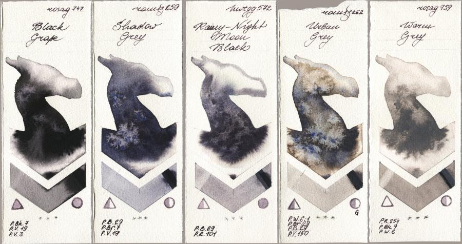 Rosa Gallery 747 Black Grape vs Roman Szmal Aquarius 259 Shadow Grey vs Holbein Artists Watercolor 572 Rainy-Night Moon Back vs 262 Urban Grey vs 759 Warm Grey watercolor swatch