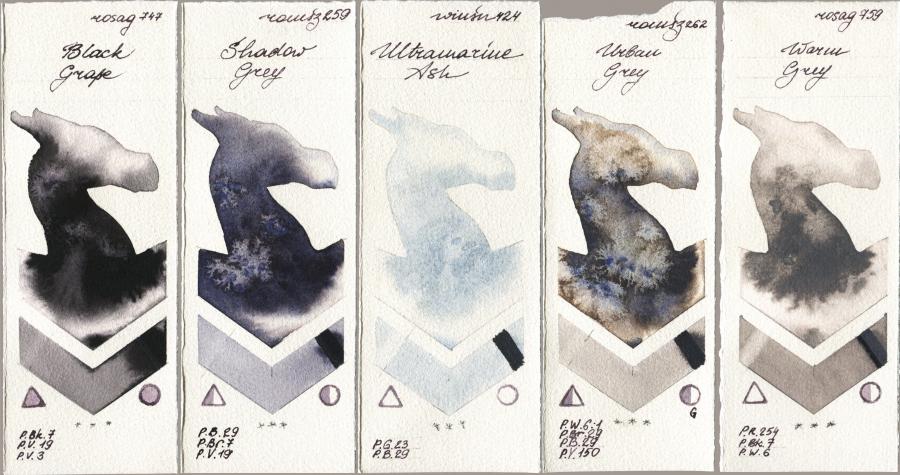 Rosa Gallery 747 Black Grape vs Roman Szmal Aquarius 259 Shadow Grey vs Winsor & Newton Professional 424 Ultramarine Ash vs 262 Urban Grey vs 759 Warm Grey watercolor swatch