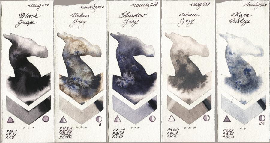 Rosa Gallery 747 Black Grape vs Roman Szmal Aquarius 262 Urban Grey vs 259 Shadow Grey vs 759 Warm Grey vs Shminke Horadam Aquarell 968 Haze Indigo watercolor swatch