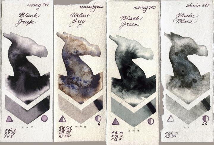 Rosa Gallery 747 Black Grape vs Roman Szmal Aquarius 262 Urban Grey vs 760 Black Green vs Shminke Horadam Aquarell 965 Glacier Black watercolor swatch