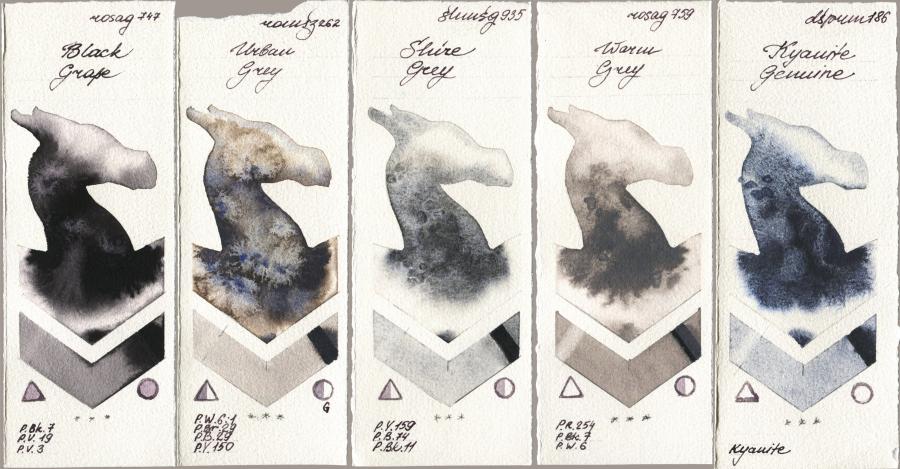 Rosa Gallery 747 Black Grape vs Roman Szmal Aquarius 262 Urban Grey vs Shminke Horadam Aquarell 935 Shire Grey vs 759 Warm Grey vs Daniel Smith 186 Kyanite Genuine watercolor swatch