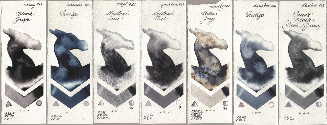 Rosa Gallery 747 Black Grape, Shminke Horadam Aquarell 485 Indigo, Golden QOR 520 Neutral Tint, M. Graham & Co. Artists 122 Neutral Tint, Roman Szmal Aquarius 262 Urban Grey, Daniel Smith 046 Indigo, 249 Janes Black (Red/Gree watercolor swatch