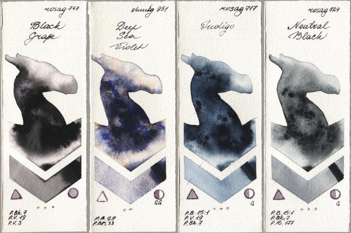 Rosa Gallery 747 Black Grape, Shminke Horadam Aquarell 951 Deep Sea Violet, 717 Indigo, 724 Neutral Bla watercolor swatch