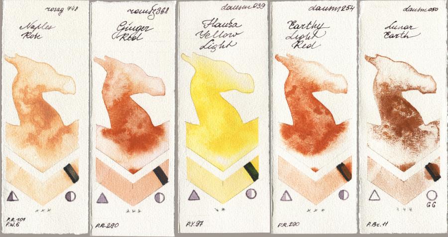 Rosa Gallery 748 Naples Rose vs Roman Szmal Aquarius 368 Genger Red vs Daniel Smith 039 Hansa Yellow Light vs 254 Earthy Light Red vs 050 Lunar Earth watercolor swatch