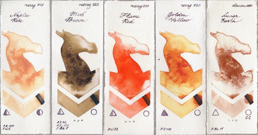 Rosa Gallery 748 Naples Rose vs 723 Mars Brown vs 734 Flame Red vs 730 Golden Yellow vs Daniel Smith 050 Lunar Earth watercolor swatch
