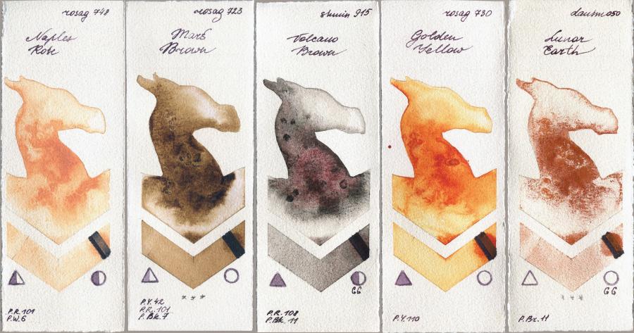 Rosa Gallery 748 Naples Rose vs 723 Mars Brown vs Shminke Horadam Aquarell 915 Volcano Brown vs 730 Golden Yellow vs Daniel Smith 050 Lunar Earth watercolor swatch
