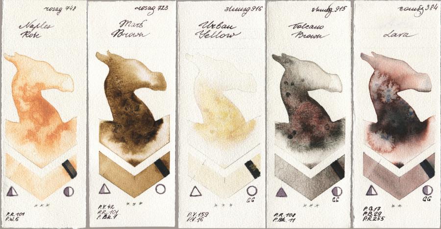 Rosa Gallery 748 Naples Rose vs 723 Mars Brown vs Shminke Horadam Aquarell 916 Urban Yellow vs 915 Volcano Brown vs Roman Szmal Aquarius 384 Lava watercolor swatch