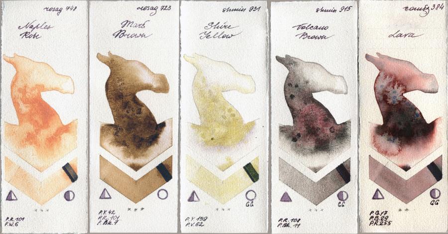 Rosa Gallery 748 Naples Rose vs 723 Mars Brown vs Shminke Horadam Aquarell 931 Shire Yellow vs 915 Volcano Brown vs Roman Szmal Aquarius 384 Lava watercolor swatch