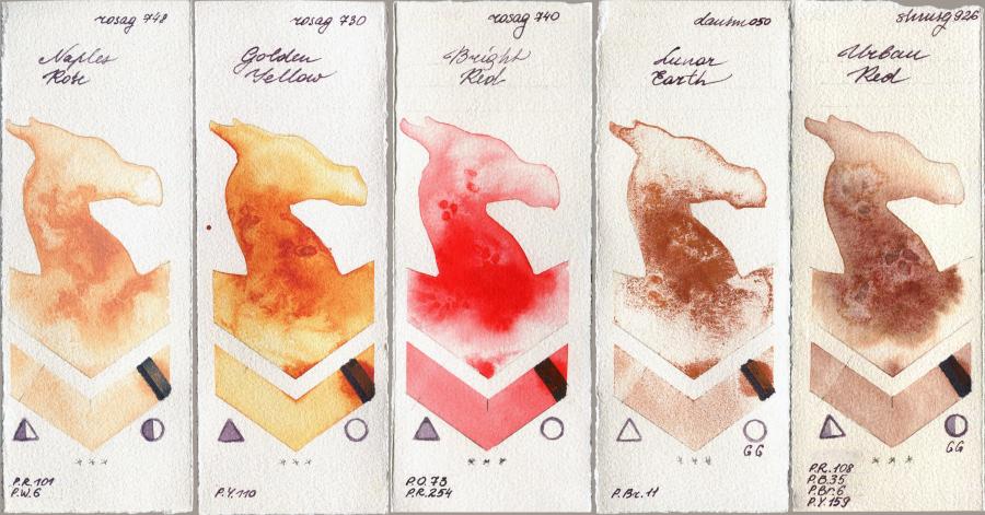 Rosa Gallery 748 Naples Rose vs 730 Golden Yellow vs 740 Bright Red vs Daniel Smith 050 Lunar Earth vs Shminke Horadam Aquarell 926 Urban Red watercolor swatch