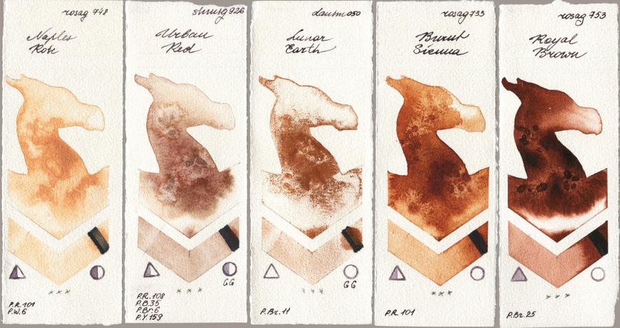 Rosa Gallery 748 Naples Rose vs Shminke Horadam Aquarell 926 Urban Red vs Daniel Smith 050 Lunar Earth vs 733 Burnt Sienna vs 753 Royal Brown watercolor swatch