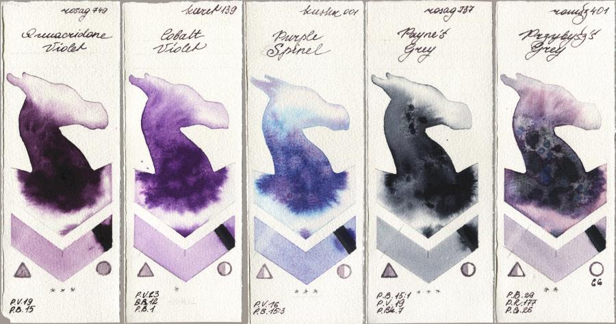 Rosa Gallery 749 Quinacridone Violet vs Kuretake Gansai Tambi 139 Cobalt Violet vs Kusakabe 001 Purple Spinel vs 737 Paynes Grey vs Roman Szmal Aquarius 401 Przybyszs Grey watercolor swatch
