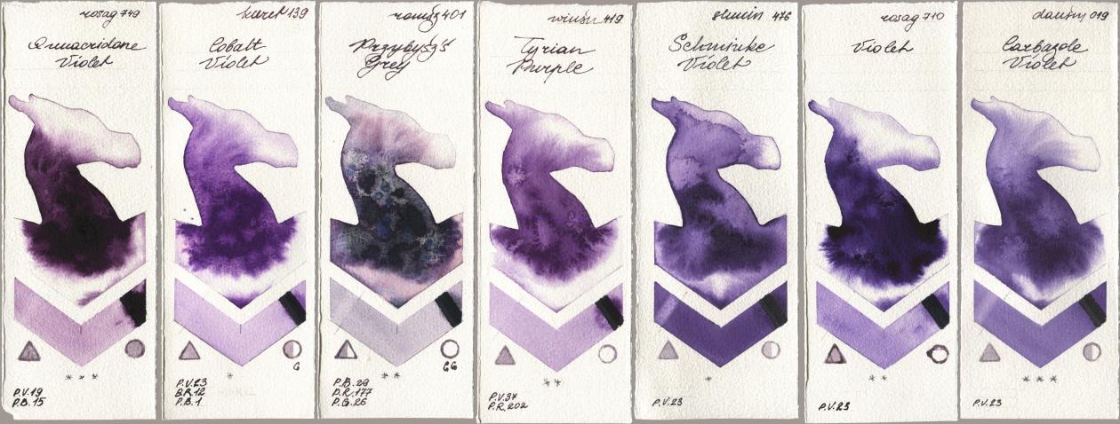 Rosa Gallery 749 Quinacridone Violet, Kuretake Gansai Tambi 139 Cobalt Violet, Roman Szmal Aquarius 401 Przybyszs Grey, Winsor & Newton Professional 419 Tyrian Purple, Shminke Horadam Aquarell 476 Schmincke Violet, 710 Violet, Daniel Smith 019 Carbazole Viol watercolor swatch
