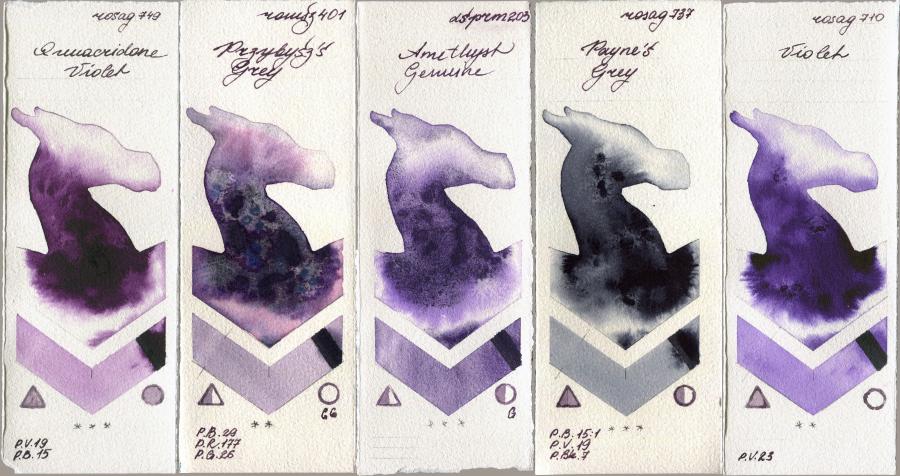 Rosa Gallery 749 Quinacridone Violet vs Roman Szmal Aquarius 401 Przybyszs Grey vs Daniel Smith 203 Amethyst Genuine vs 737 Paynes Grey vs 710 Violet watercolor swatch