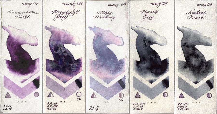 Rosa Gallery 749 Quinacridone Violet vs Roman Szmal Aquarius 401 Przybyszs Grey vs 415 Misty Morning vs 737 Paynes Grey vs 724 Neutral Black watercolor swatch