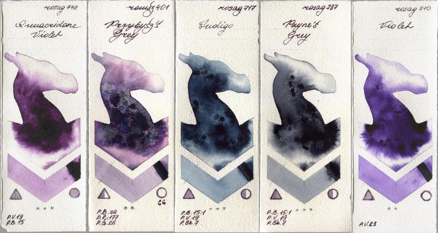 Rosa Gallery 749 Quinacridone Violet vs Roman Szmal Aquarius 401 Przybyszs Grey vs 717 Indigo vs 737 Paynes Grey vs 710 Violet watercolor swatch
