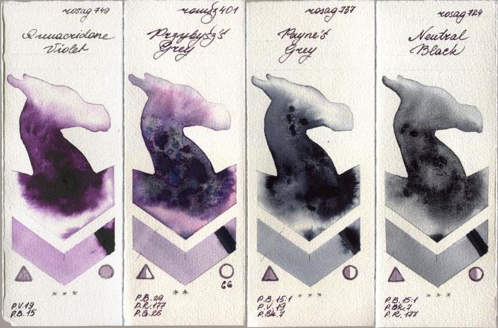 Rosa Gallery 749 Quinacridone Violet vs Roman Szmal Aquarius 401 Przybyszs Grey vs 737 Paynes Grey vs 724 Neutral Black watercolor swatch