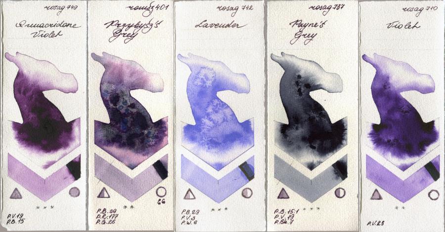 Rosa Gallery 749 Quinacridone Violet vs Roman Szmal Aquarius 401 Przybyszs Grey vs 742 Lavender vs 737 Paynes Grey vs 710 Violet watercolor swatch